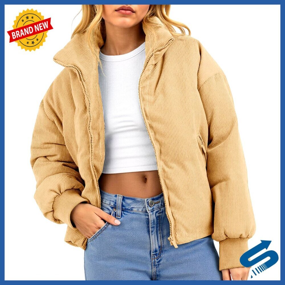 Cropped Corduroy Puffer Jacket, Quilted Lightweight Winter Coat